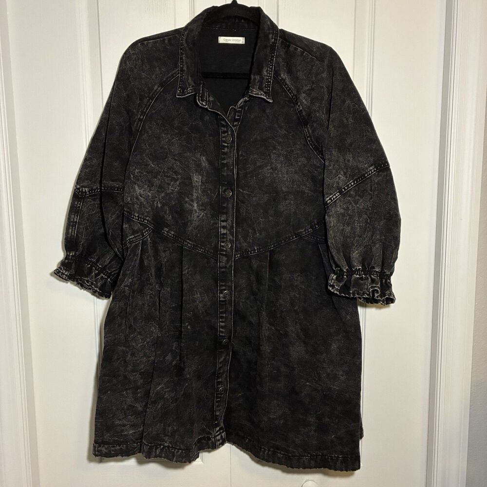 Carole Christian Women’s Black Acid Denim Mini Dress Button Up Pockets Size Med